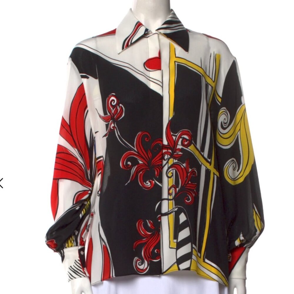 Rochas Printed Long Sleeve Button-Up Top - XS